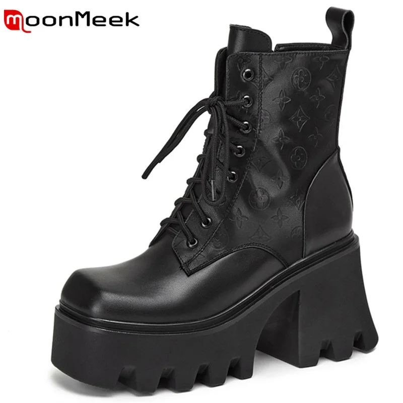 Женские кожаные ботинки на платформе MoonMeek повседневные из коровьей кожи