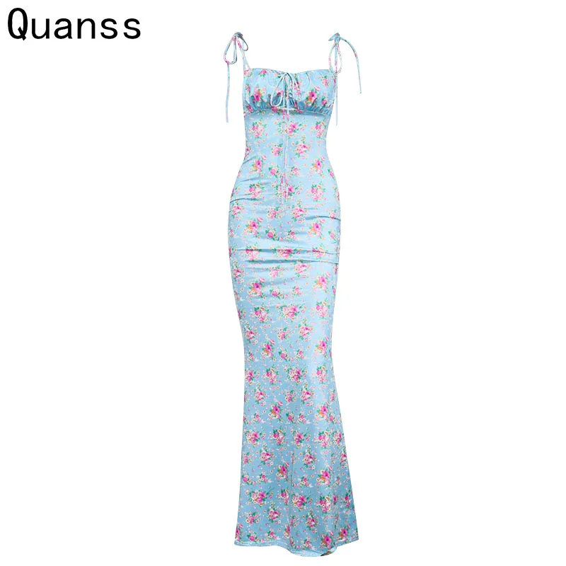 

Quanss Summer Floral Print Maxi Dresses Women Backless Lace-Up Spaghetti Strap Sexy Hollow Out Casual Bodycon Long Dress