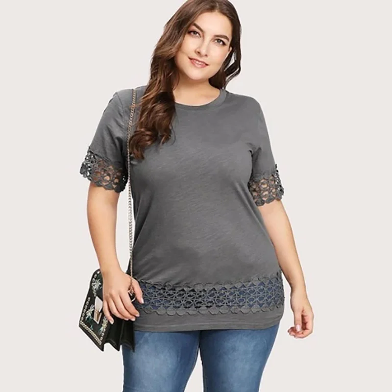 

5XL Plus Size Casual Blouse Women Summer Neck Short Sleeve Lace Patchwork Blouse Grey Ladies Tunic Tops