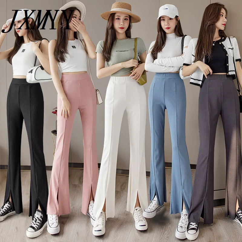 

JXMYY Slit Flared Pants women 2021 Spring And Summer Fashion New Ice Silk High Waist Slim Casual Pants Wide leg Mopping Trousers