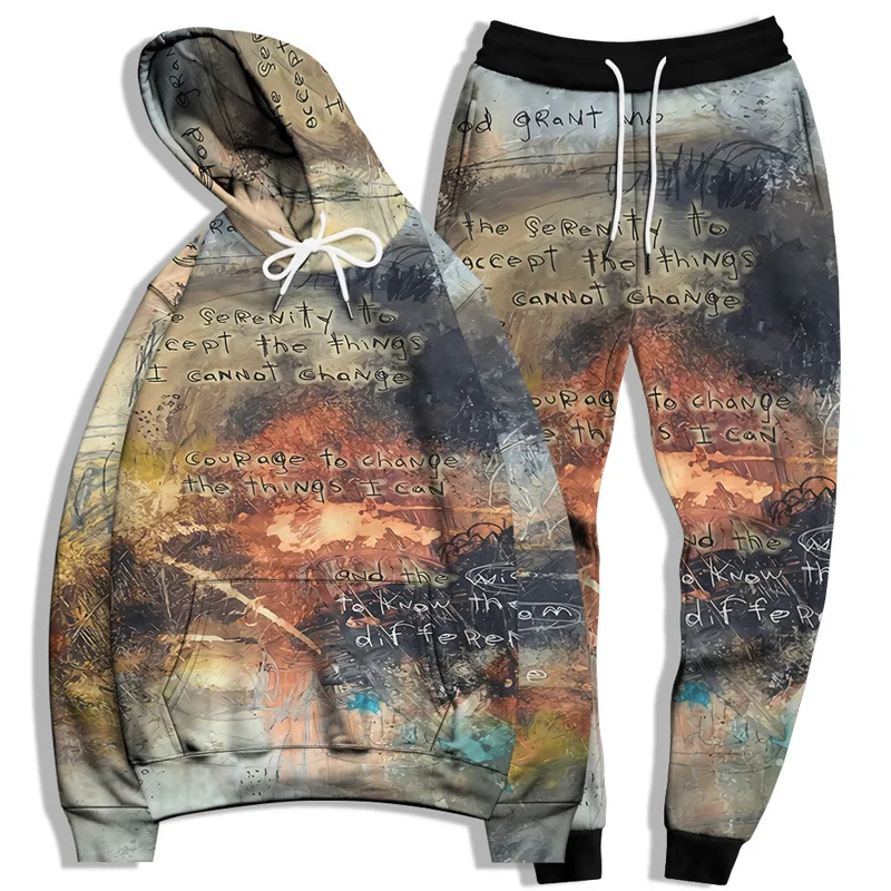 

Harajuku Printing Hooded Two Pieces Unisex Set Big Size Long Sleeve Couple Men Hooded Pullover Set Hip Hop Streetwear Sweatshirt