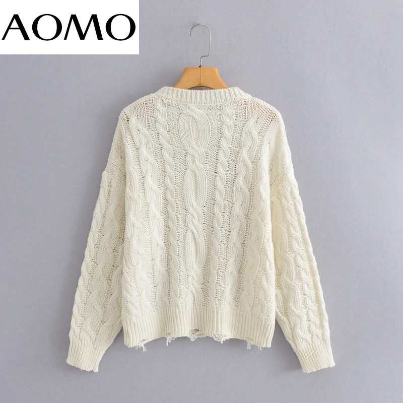

AOMO Women Hollow Out Beige Twist Knitted Sweater Jumper O Neck Female Elegant Oversize Pullovers Chic Tops BC108A