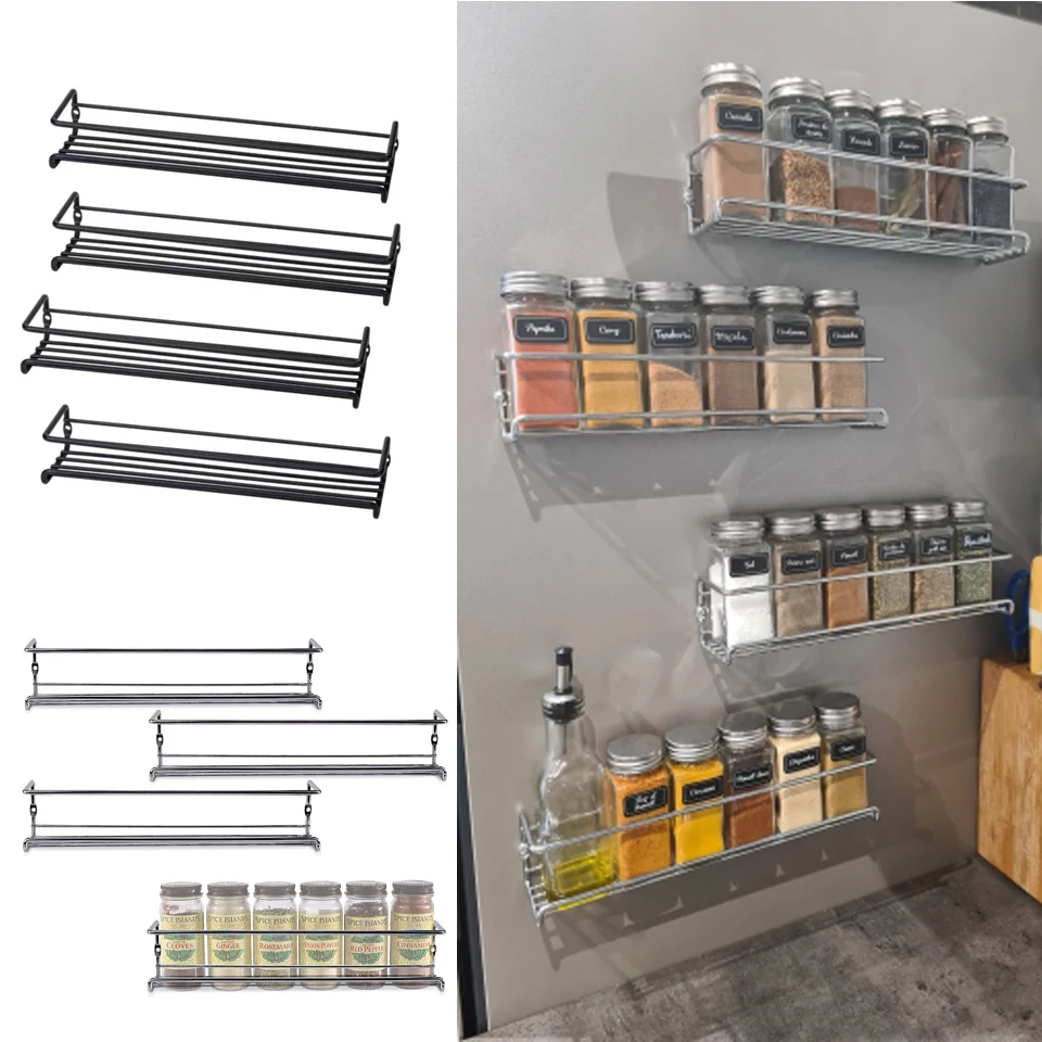 Wall Mount Spice Rack Organizer Metal Hanging Spice Racks 4 Layer Seasoning Organizer Rack for Door Cupboard Pantry