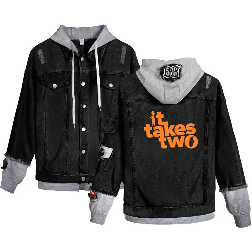

It Takes Two Jacket Female Fake Two Piece Denim Jackets Long Sleeve Pockets Hooded Coat Boy Girl Streetwear