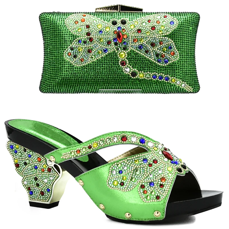 Latest Green Color African Matching Shoes and Bags Italian In Women Shoe Bag Set Decorated with Rhinestone | Обувь