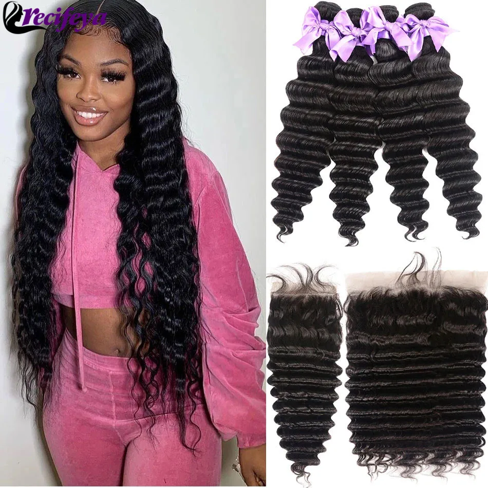 Transparent Lace Frontal With Bundles Brazilian Loose Deep Wave Bundles With Frontal 100% Remy Human Hair Bundles With Closure