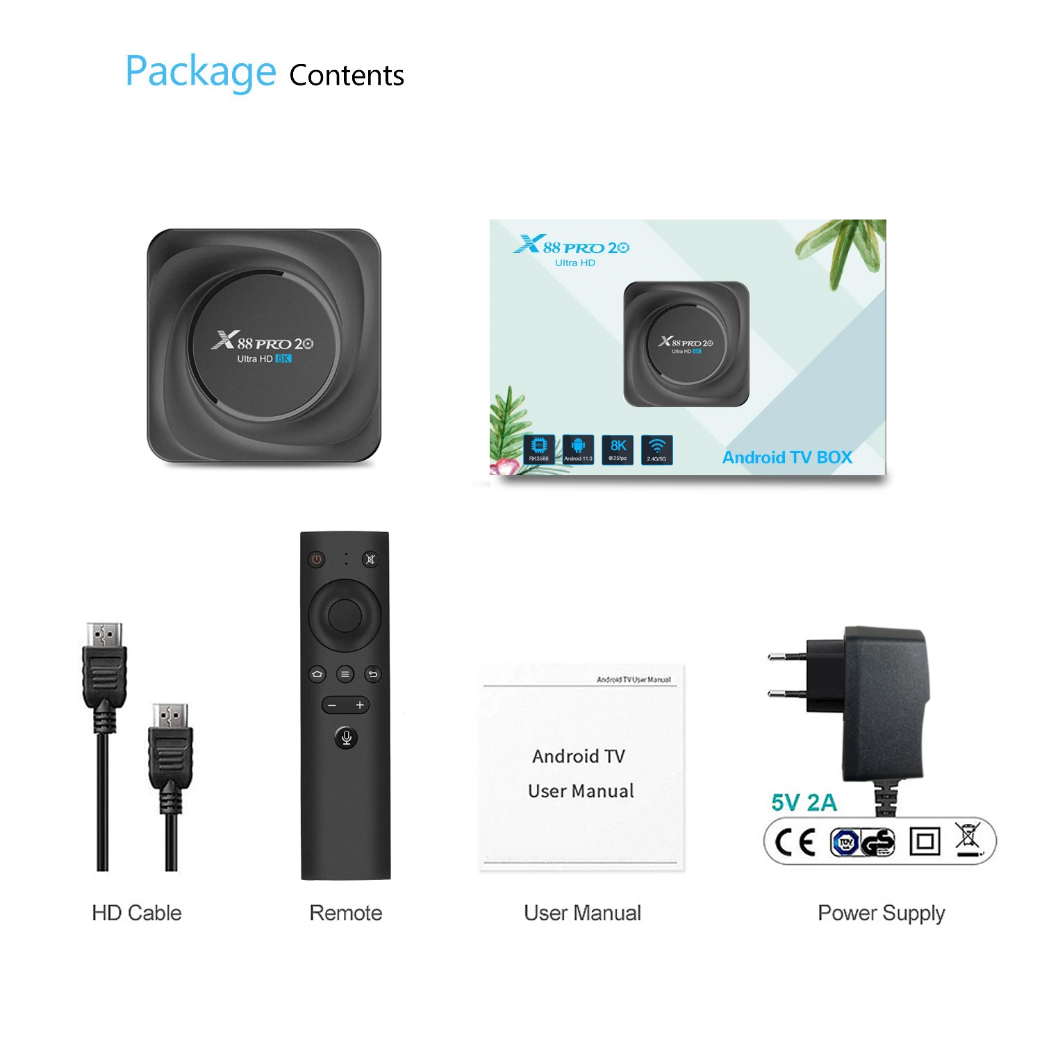 

TV Box Android 11 8G 64GB 8K Smart TV Box 2021 X88 PRO 20 RK3566 TVbox 1000M 24fps 2.4G/5G WiFi Google Play Youtube Set Top Box