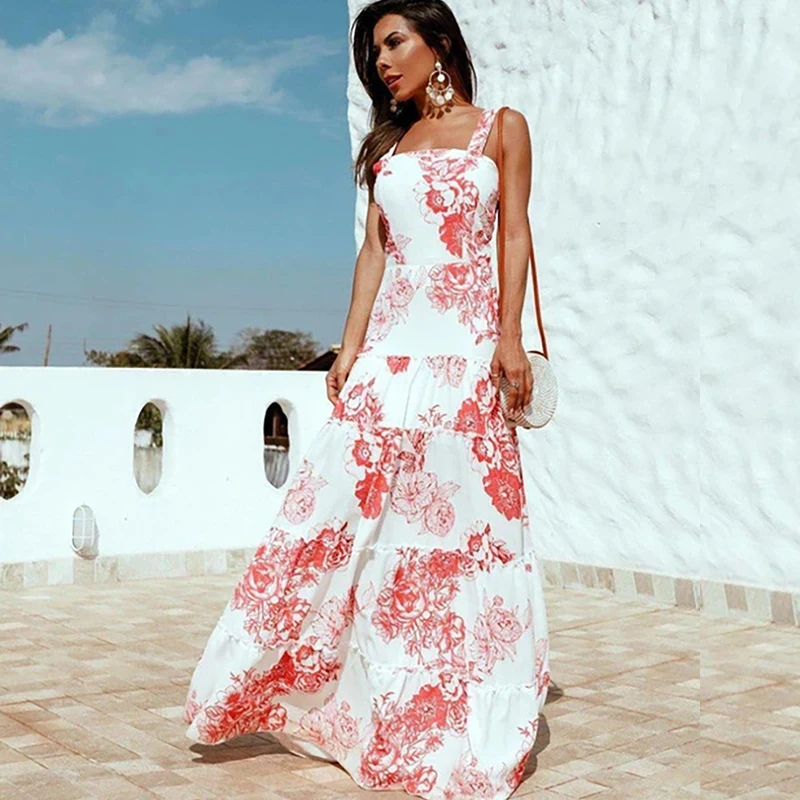 

2021Floral Printed Dress Summer New Women's Clothing Fashion Sweet Mid Waist Big Swing Long Dress
