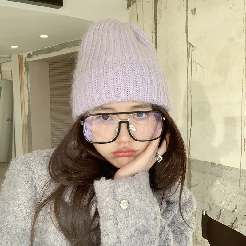 

Luna&Dolphin Women Korean Rabbit Hair Striped Hat Ins Big Head Circumference Pile Hats Winter Autumn Warm Soft Knitted Cap Girls