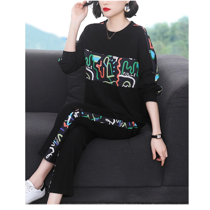 

Women's black leisure sports cycling 2-piece fashion graffiti outdoor running clothing tennis elastic loose sweatshirt for women