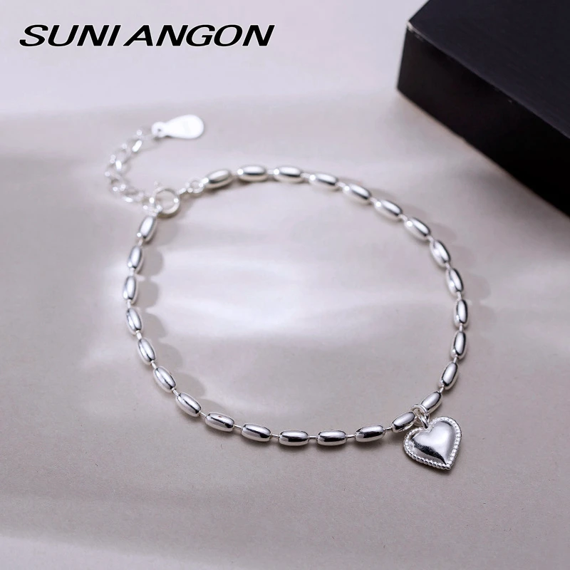 Delicate Rice Bead Bracelet 100% 925 Sterling Silver Cute Heart Pendant Polished Chain Women Teenage Girl 19cm | Украшения и
