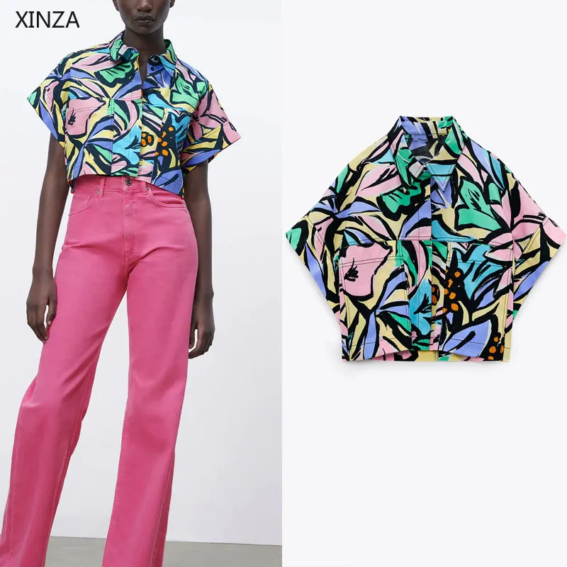 

Женская Поплиновая Укороченная рубашка с принтом ZA, винтажная Модная рубашка с коротким рукавом, повседневный топ с накладными карманами, л...