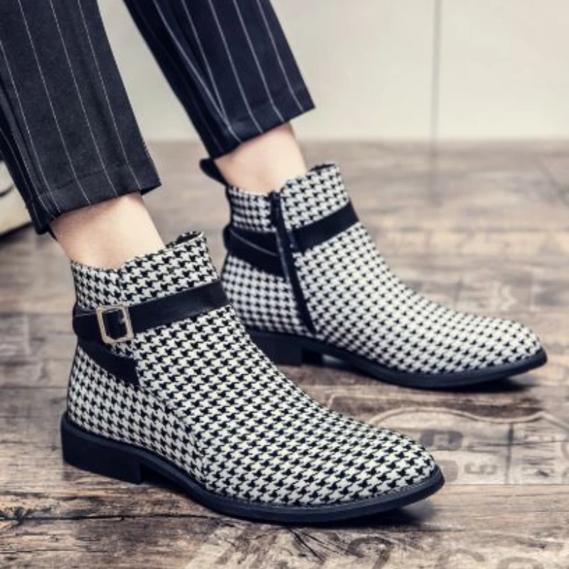 

2021 New Men's Casual Shoes Fashion Thousand Bird Plaid High Top Buckle Roman Casual Shoes Gentleman Comfortable Hot Sale KS022