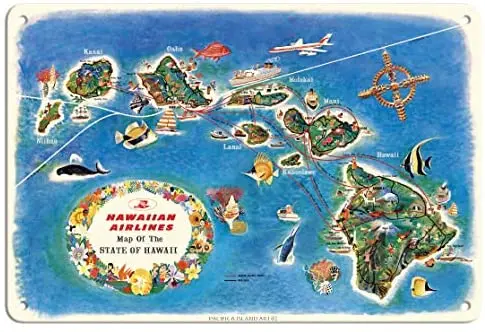 

Карта с изображением состояния Гавайских и Гавайских авиакомпаний, карта с изображением пути, c., металлический жестяной знак