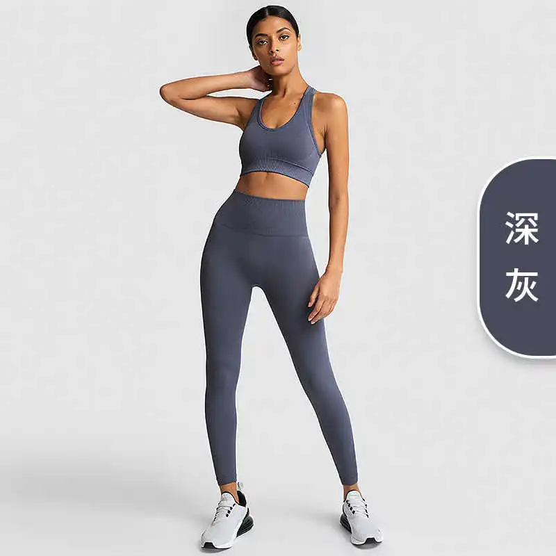 

Quick-drying Sweat-absorbent Women's Fitness Suits Solid Seamless Knitting High Elastic Hip-lifting Sports Pants Sets for Women