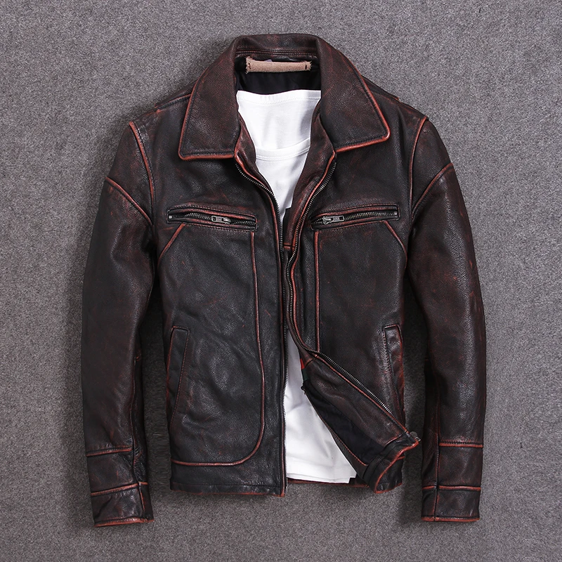 FREE SHIPPING 2019 Genuine Cowhide Autumn Leather Coat Vintage Red Brown Men American Casual Style Jacket Plus Size 5XL | Мужская одежда