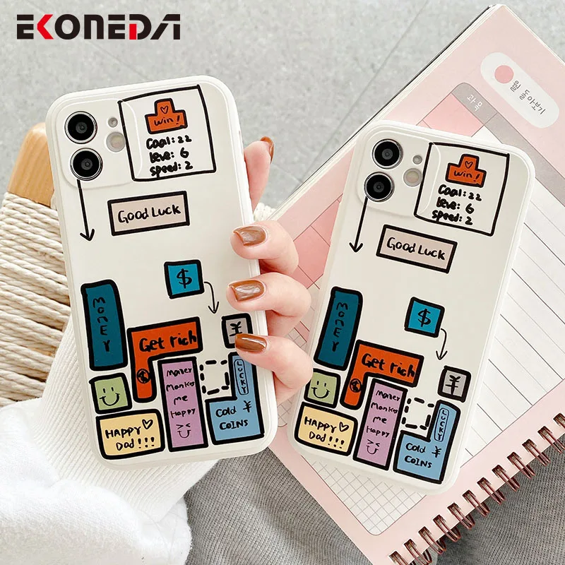 

EKONEDA Protective Phone Case For iPhone 11 12 Pro XS Max X XR 7 8 Plus Case Cute English Words Tetris Game Soft Back Cover