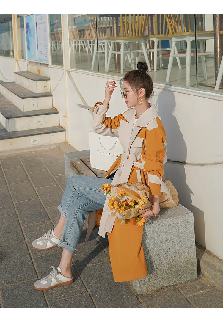 

HIgh fashion patchwork Casual Windbreaker For Women new 2021 Long Sleeve Patchwork Trench Coat HK387