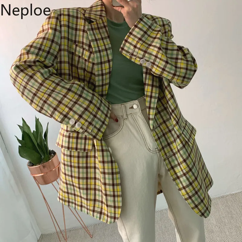 Женский блейзер в клетку Neploe однобортный свободный пиджак с длинными рукавами и