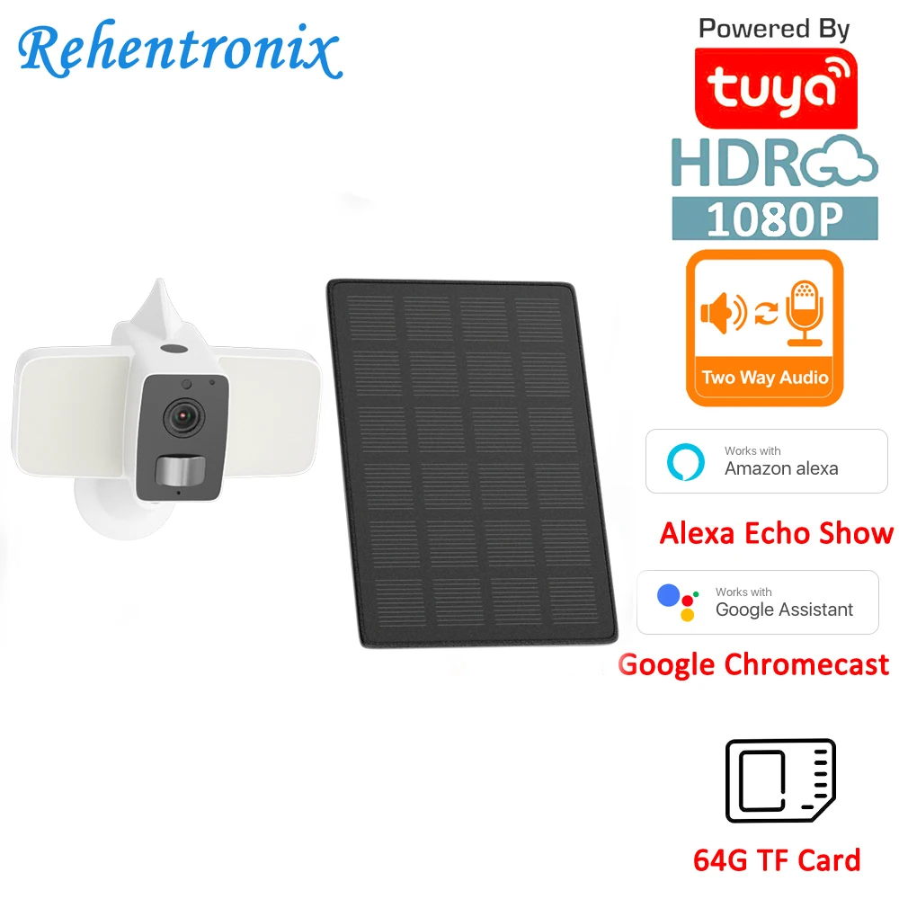 

Alexa Google 10000 мА/ч, Перезаряжаемые Батарея Солнечный Tuya WI-FI 1080P IP Floodight Камера с 140LM прожектор Цвет ночного видения