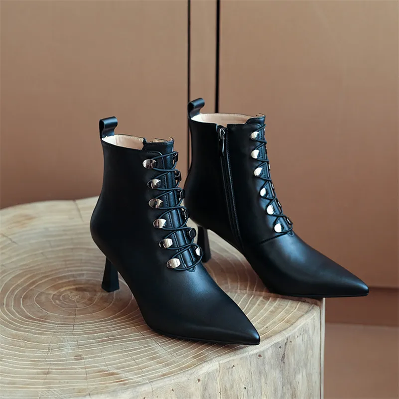 

Meotina Genuine Leather High Heel Ankle Boots Women Shoes Zipper Pointed Toe Stiletto Heels Short Boots Female Autumn Winter