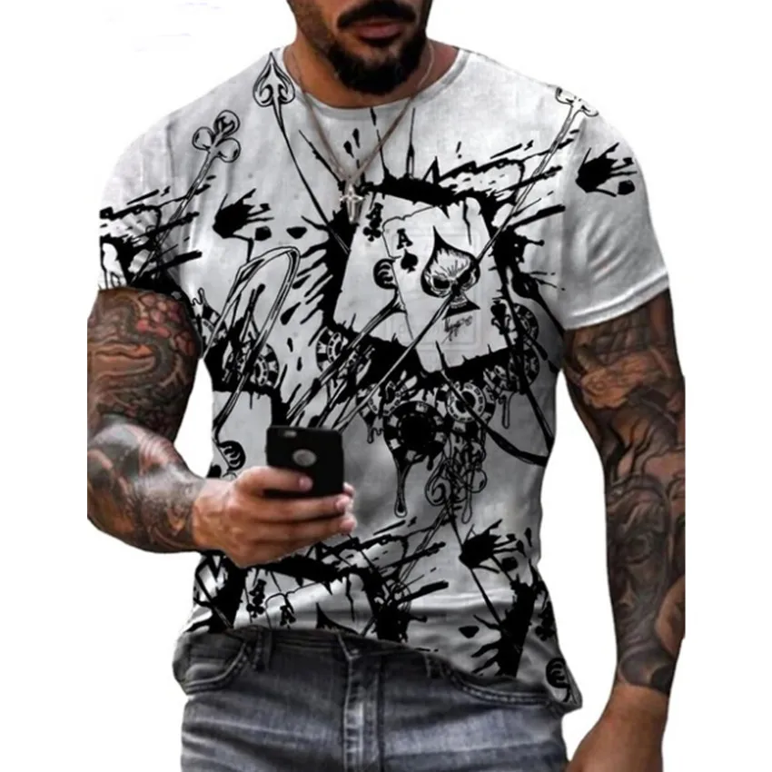 

2021 Harajuku Large Size Short Sleeve Camisetas Summer Playing Card Print T-Shirt for Men Street Youth Retro Collars