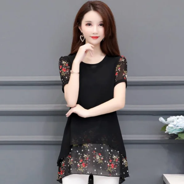 Женская шифоновая блузка с круглым вырезом туника рубашка топы из кусков