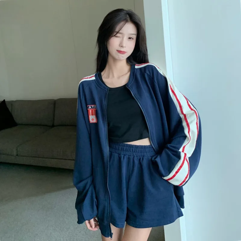 

Large Size Loose Fat Long-sleeved Sweater Cardigan Jacket Thin Sports Leisure High-waisted Short Shorts Korean Two-piece Suit