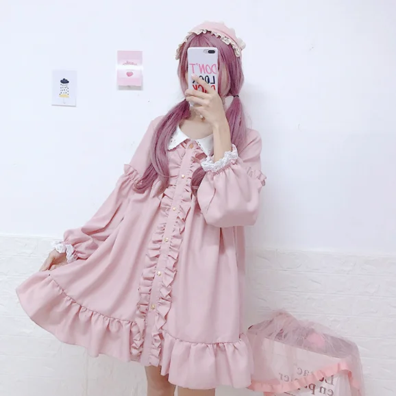 Японские Женские розовые вечерние мини платья в стиле Лолиты платье рубашка с