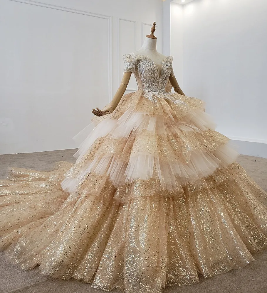 Tulle Mariage Gold Ball Gowns Wedding Dresses 2020 Sexy V Neck Off Shoulder Lace Up Beaded Corset Real Photos Puffy Bridal | Свадьбы и