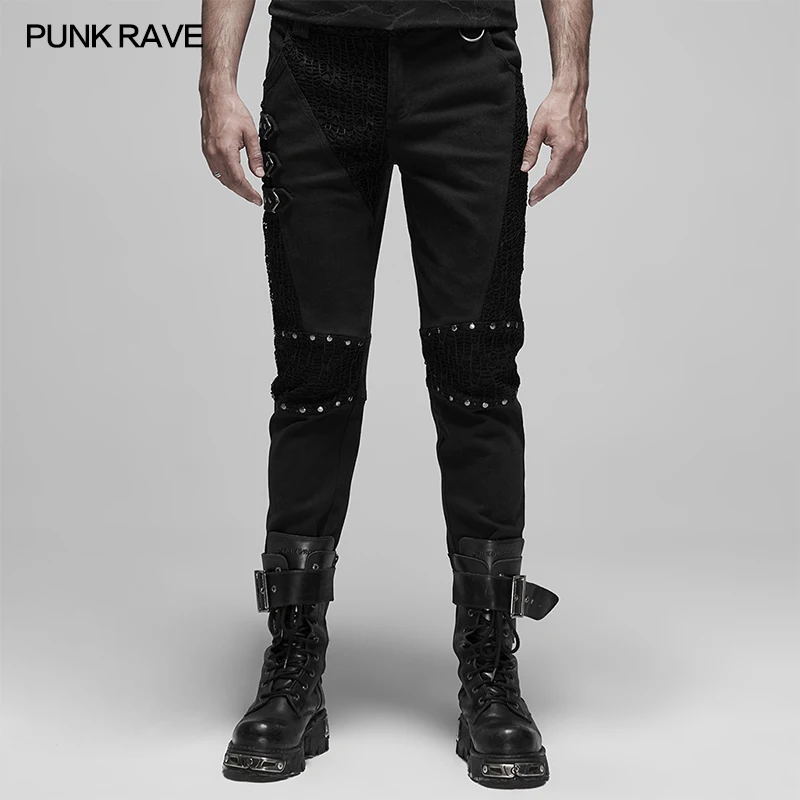 PUNK RAVE Men's Classic Pants Simple Style Coarse Twill Fabric Mesh Splice Pencil Trousers