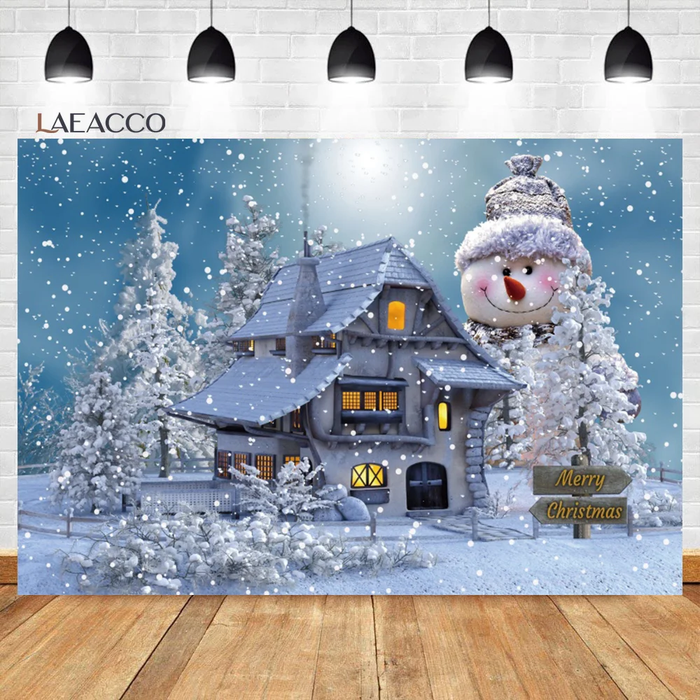 

Laeacco Рождественский фон для фотосъемки пригородный уличный мультяшный дом Снеговик портрет фотографические фоны для фотостудии