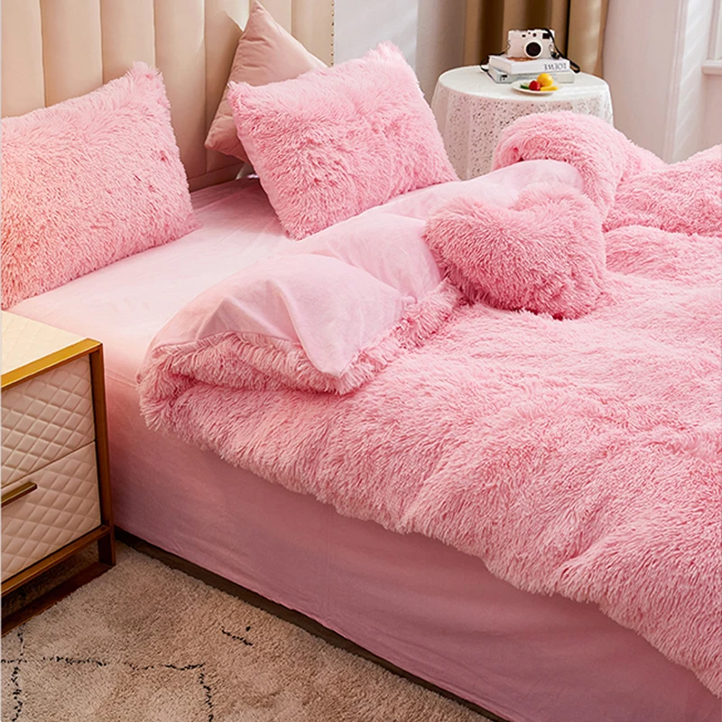 wostar winter warm plush duvet cover pink romantic princess mink velvet fluffy flannel quilt cover luxury bedding set king size free global shipping