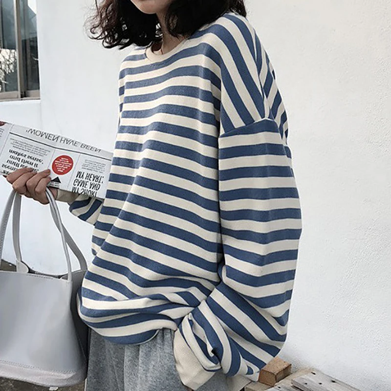 

Stripe Women Pullover Knit Hoodies Sweater Korean Style Long Sleeve Tees Loose Sweatshirt Streetwear Casual Tops 2021Autumn