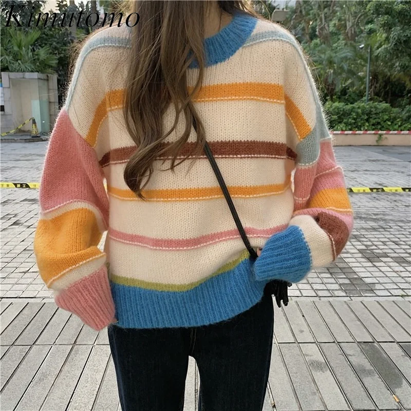 

Kimutomo шикарный мягкий свитер женский Осень 2021 Новинка корейский стиль Instagram контрастные цвета круглый вырез Длинные рукава Полосатый Универ...