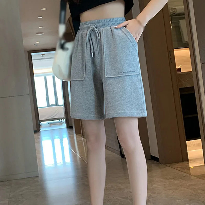 

New Fashion Women Summer High Waist Pants Running Loose Cotton Five-point Pocket Pants Sports Solid Color Lace-up Shorts
