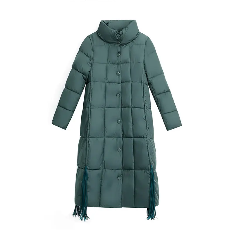 

Women Elegant Long Stand Collar Parka New Single Breasted Tassel Parka Coat Female Office Lady