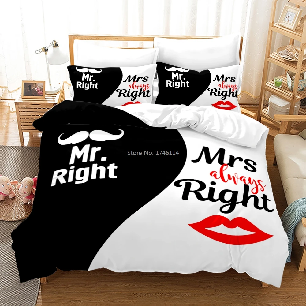 Черный + белый Mr.Right Mrs. Правая Постельное белье Усы красные губы принт