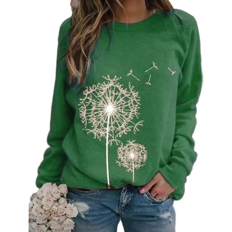 Dandelion Print Women Sweetshirts Long Sleeve T Shirts Top Spring O-neck Casual Female Loose Hoodies Pullover Vintage Streetwear