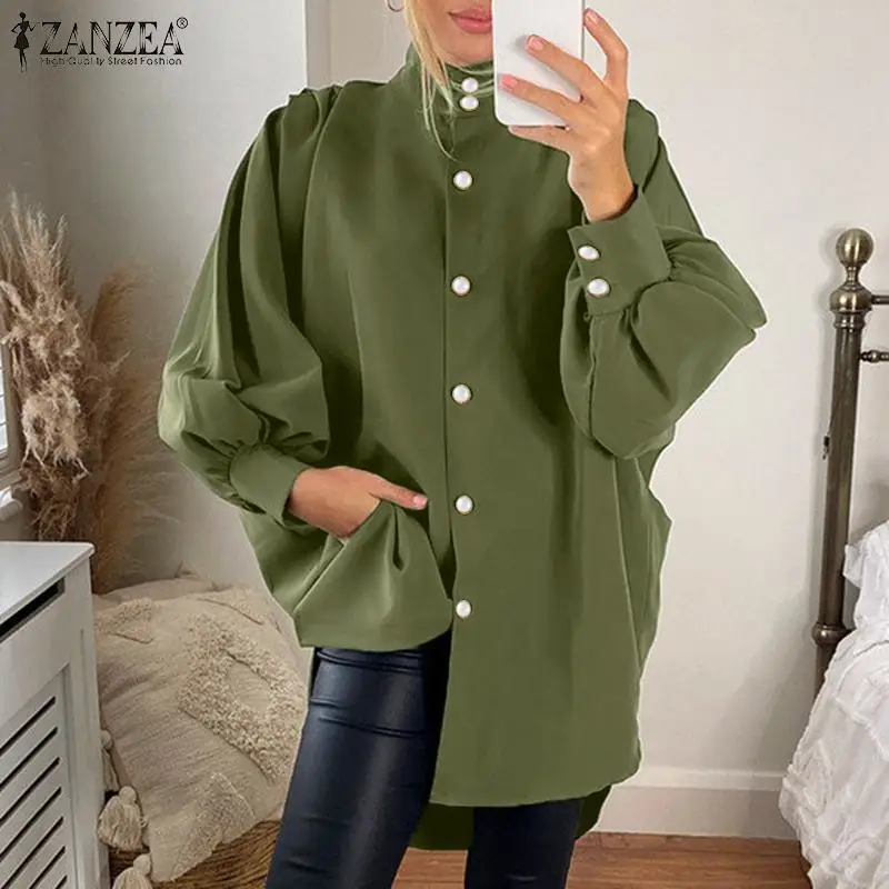 

Блузка ZANZEA Женская плиссированная однотонная с длинным рукавом-фонариком, весна-осень