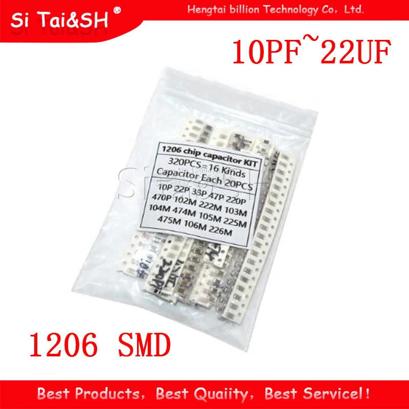 16 значений * 20 шт = 320 1206 SMD конденсатор Ассорти набор 10 пФ ~ 22 мкФ компонент diy