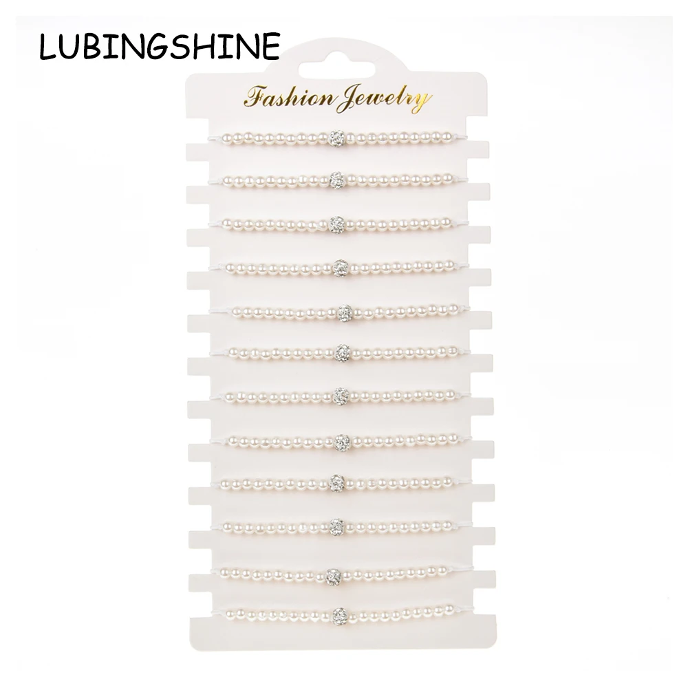 

12pcs/lot Pearl Disco Ball Beads Charms Braided Bracelet for Women Adjustable Rope Chain Yoga Anklet Wristband Handmade Jewelry