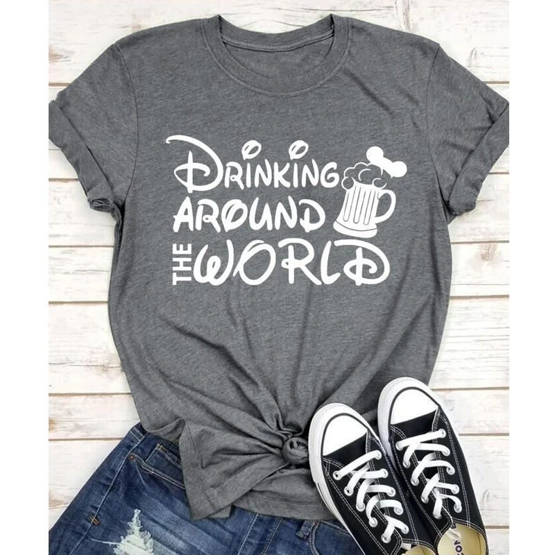 

Хлопковая футболка для питья по всему миру, забавная Женская летняя футболка для отпуска и путешествий, повседневные женские хипстерские ф...