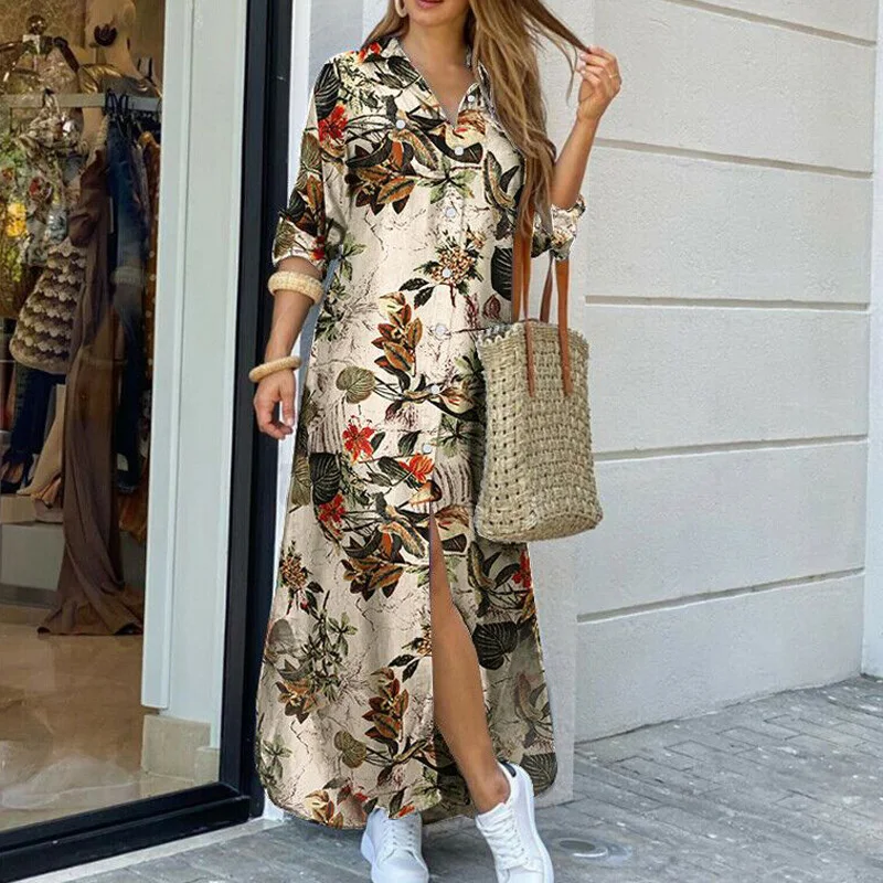 

Elegant Women Button Down Long Shirt Dress Summer Letters Print Lapel Neck Party Dress Lady Long Sleeve Maxi Beach Dress Vestido