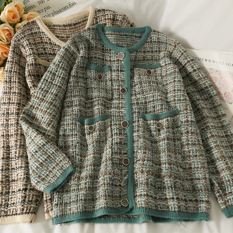 

Retro tweed bright silk plaid mid-length cardigan women's sweater Coat autumn long-sleeved elegant button pocket cardigans trend