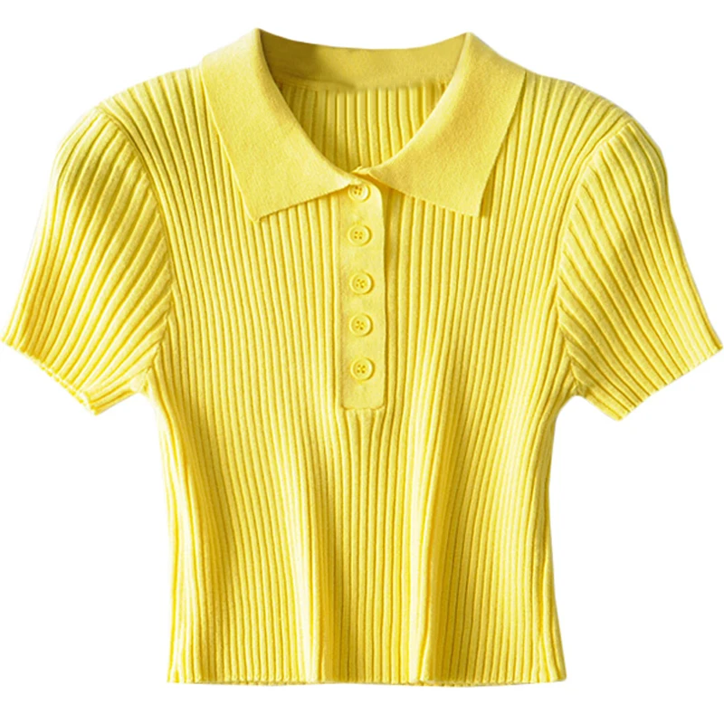 

French Sweet Knitted Shirt Retro Minority Cropped Sweater Button Polo Base Knitting Small Top