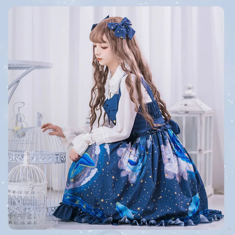 Женское платье в японском стиле Харадзюку милое голубое на бретельках В Стиле