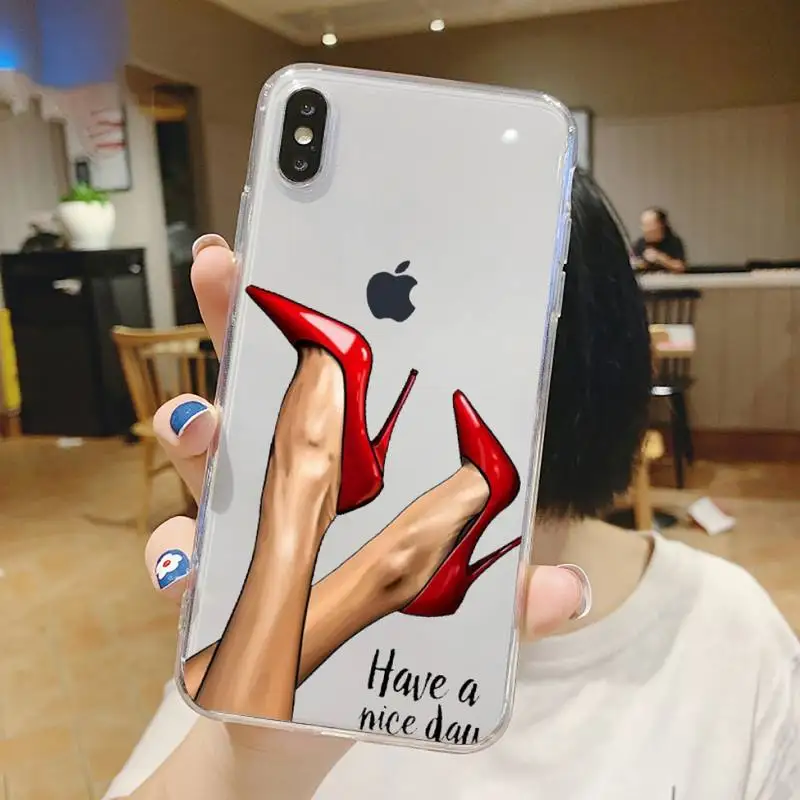 

Fashion Girls High Heels Shoes Coffee Phone Case Transparent soft For iphone 5 5s 5c se 6 6s 7 8 11 12 plus mini x xs xr pro max