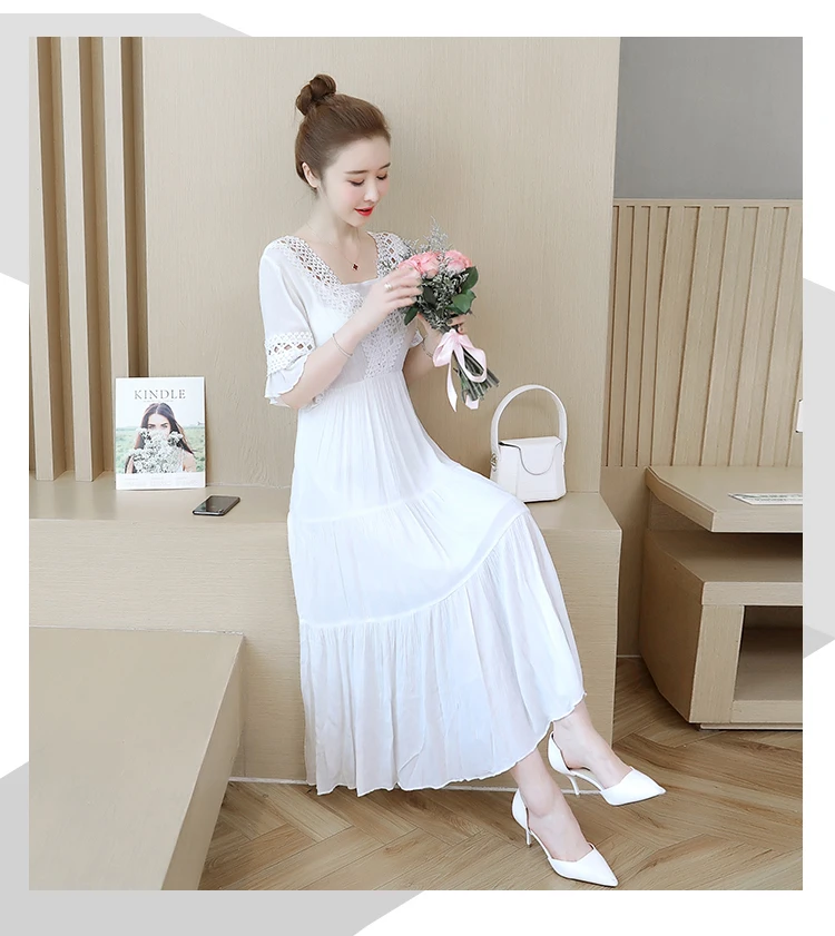 

Plus size dress women's clothing age-reduced 2020 summer new loose chiffon Lace stitching hollow fashion was thin vestidos D266
