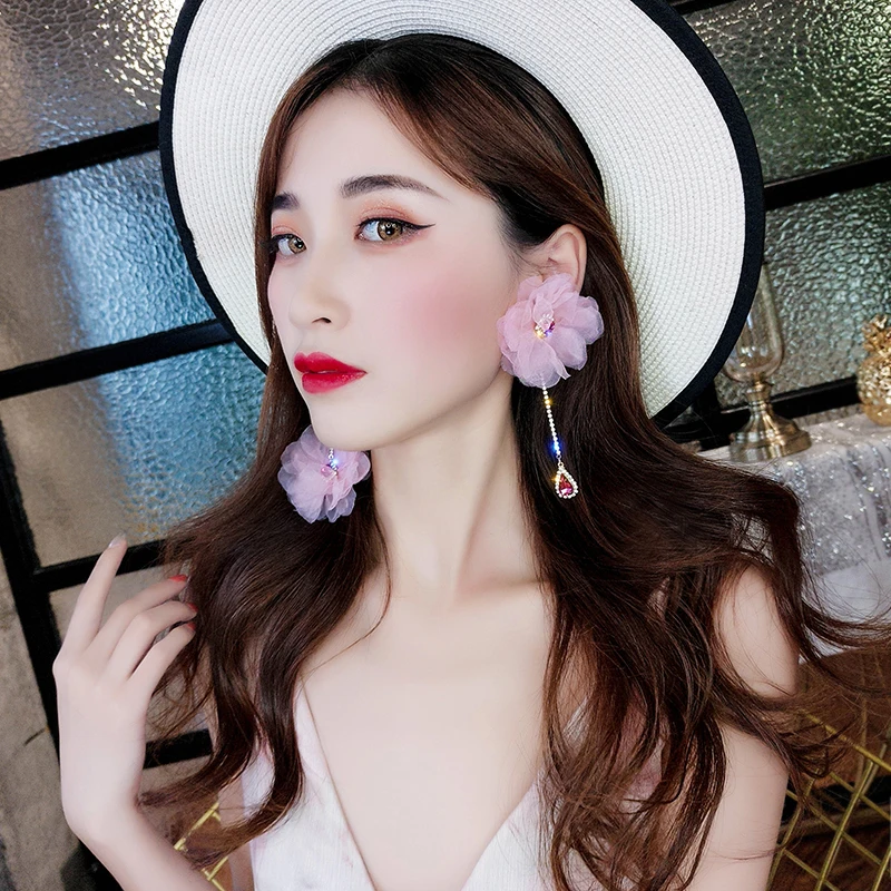 

DREJEW Big Pink Flower Tassel Rose Rhinestone Statement Earrings Christmas Long 925 Alloy Drop Earrings for Women Jewelry E4551